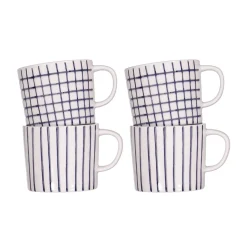Mugg Checks & Stripes 4-p vit/blå Tekoppar|Kaffekoppar